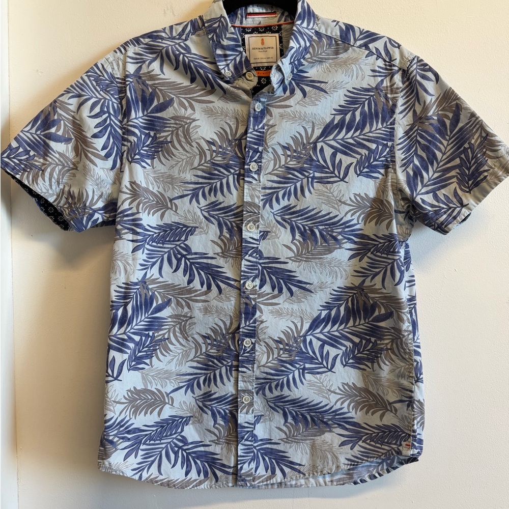 Denim & Flower Tropical Palm Print Button Down Shirt Medium